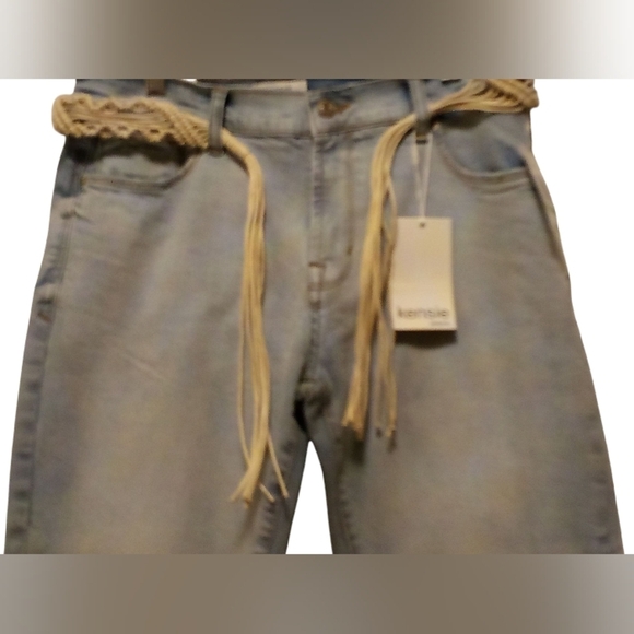 Kenzie Jeans - Lite Wash Skinny,Cropped,Slightly Distressed Jeans W/Braided Belt - Picture 10 of 16